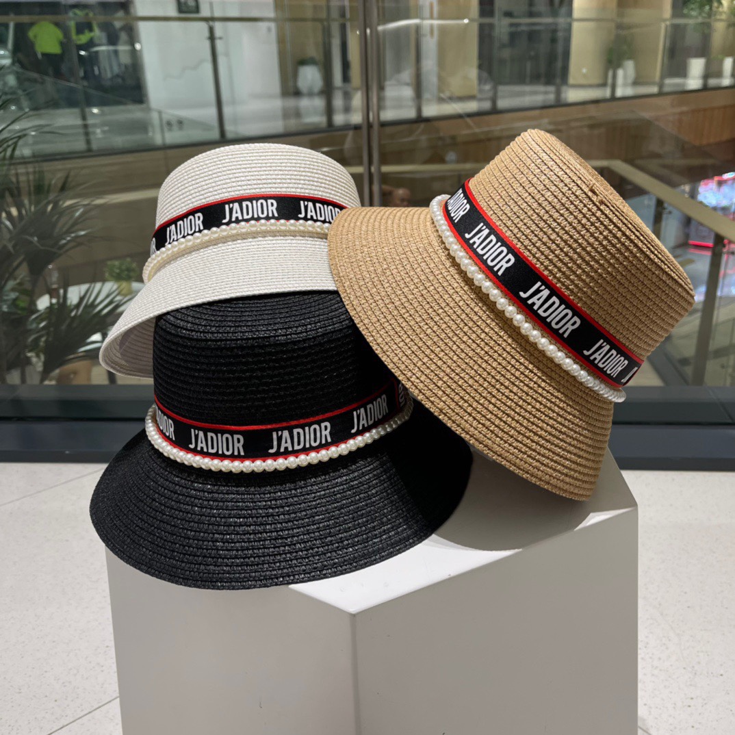 Sombrero de paja nuevo de Dior, sombrero de fiesta elegante, circunferencia de cabeza 59cm