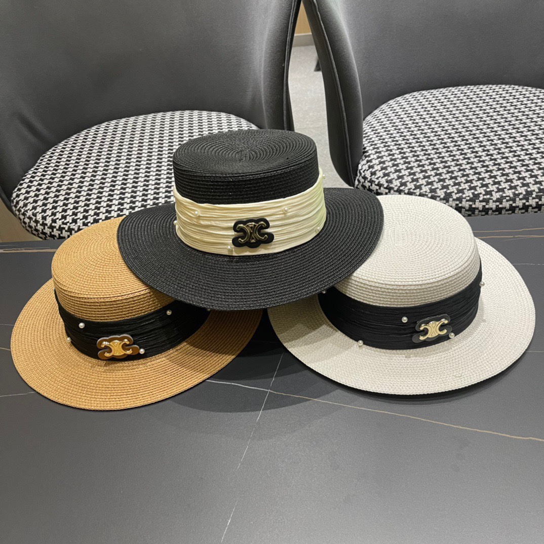 Sombrero de paja de copa plana de Celine primavera 2024, alta costura, mucho stock, imprescindible para salir, estilo v…