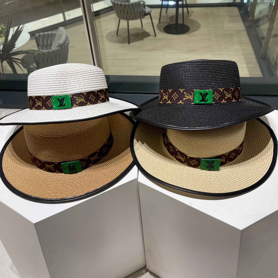 🎀 Sombrero de copa plana LV 🎩 Sombrero de paja de copa plana 👒 Sombrero de paja, sombrero de playa