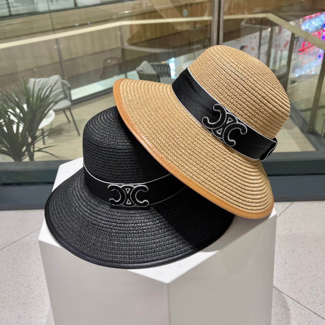 Sombrero de paja CELINE, hecho en Japón, estilo socialité, plegable, circunferencia de cabeza 57cm