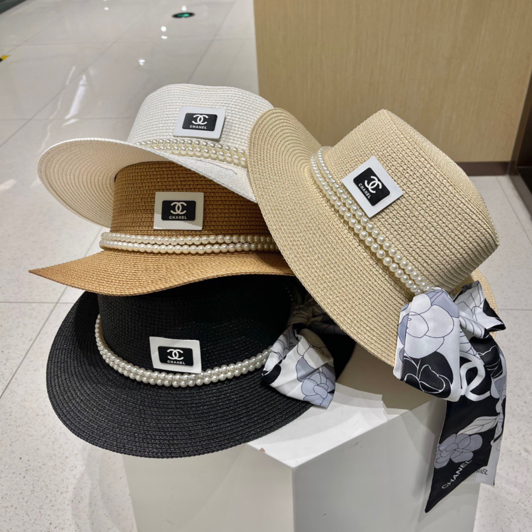 Chanel sombrero de paja, sombrero de playa para el sol, con cinta de Chanel, alta costura, circunferencia de cabeza 57c…