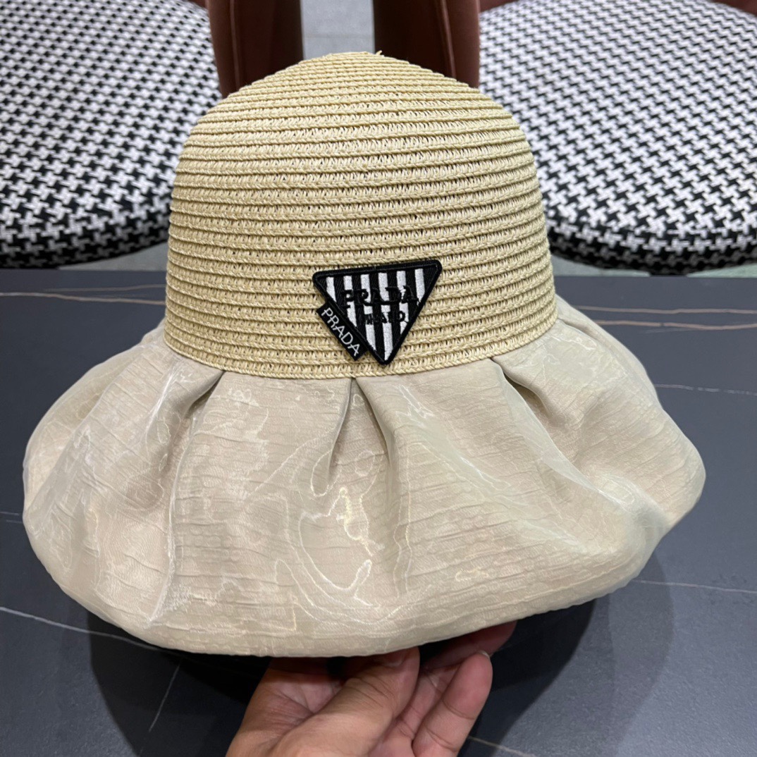 PRADA普拉达春夏 新款显渔夫帽子女素颜遮脸薄款透气太阳帽夏天遮阳防晒盆帽