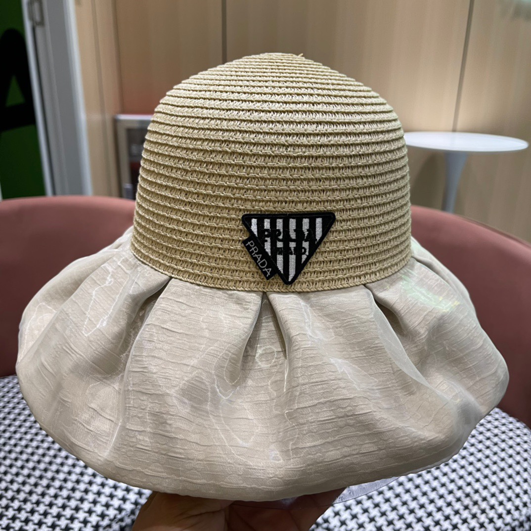 PRADA普拉达春夏 新款显渔夫帽子女素颜遮脸薄款透气太阳帽夏天遮阳防晒盆帽