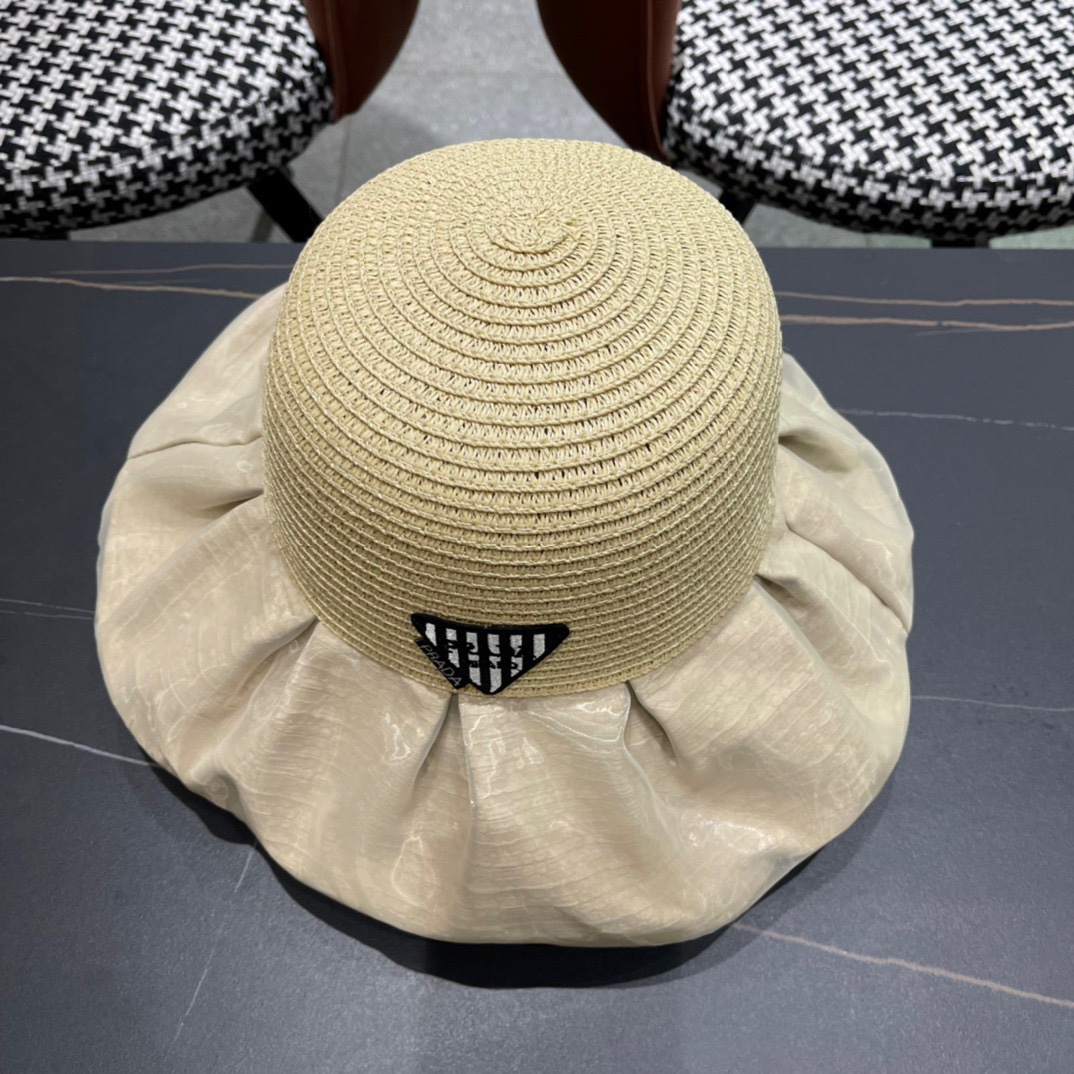 PRADA普拉达春夏 新款显渔夫帽子女素颜遮脸薄款透气太阳帽夏天遮阳防晒盆帽