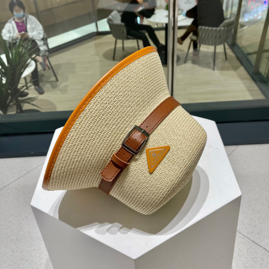  【PRADA普拉达】新款草编拼色皮带款编织草帽，度假休闲必备，优雅大方的一款