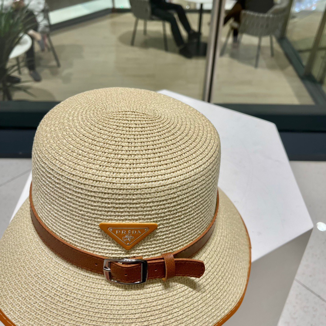  【PRADA普拉达】新款草编拼色皮带款编织草帽，度假休闲必备，优雅大方的一款