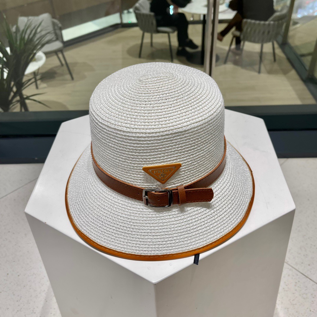  【PRADA普拉达】新款草编拼色皮带款编织草帽，度假休闲必备，优雅大方的一款