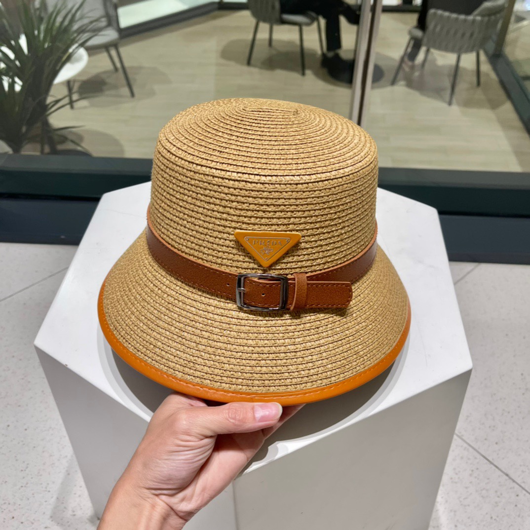  【PRADA普拉达】新款草编拼色皮带款编织草帽，度假休闲必备，优雅大方的一款