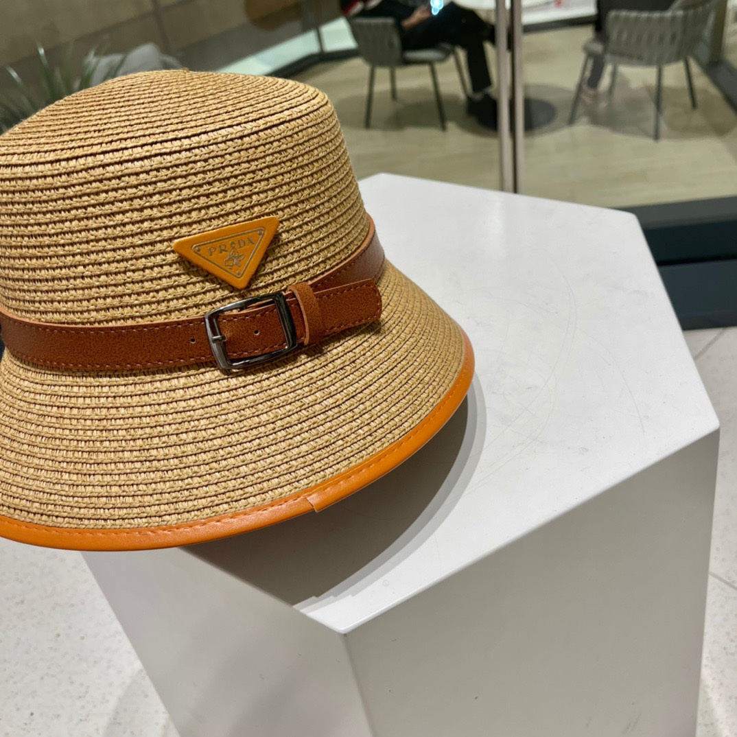  【PRADA普拉达】新款草编拼色皮带款编织草帽，度假休闲必备，优雅大方的一款