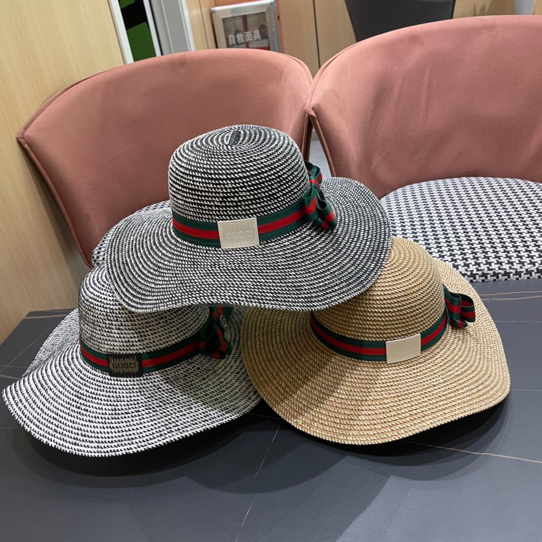 Gucci Guchi 2024 nuevo sombrero de paja, sombrero de sol estilo celebridad, lazo con cinta, imprescindible para viajes …