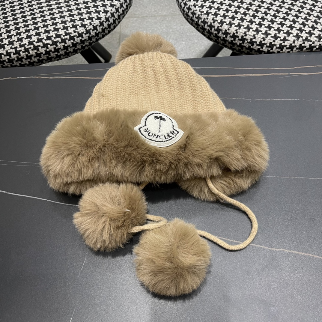 蒙口moncler2024秋冬款毛球耳朵毛绒帽女户外加绒保暖套头帽针织护耳东北雷锋帽