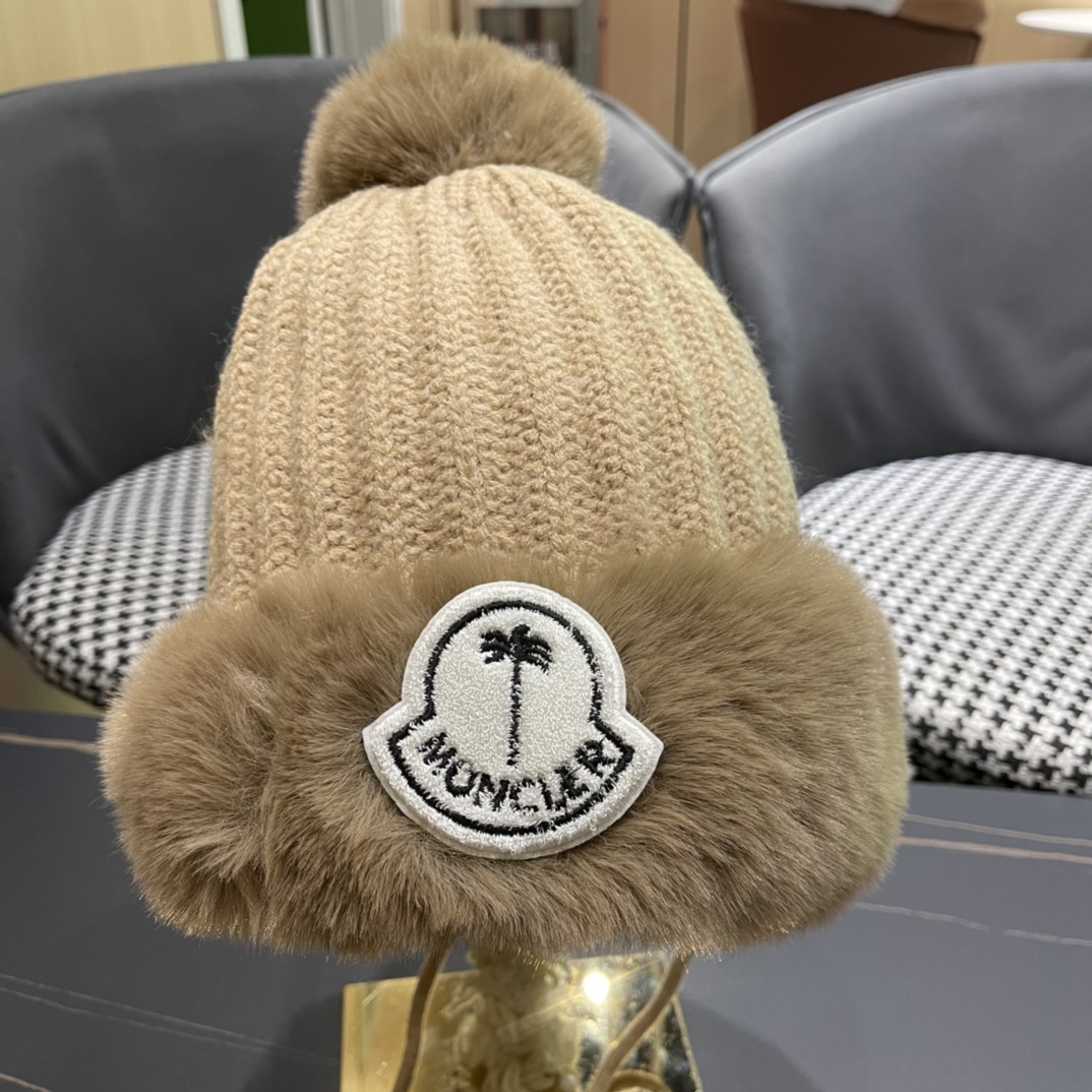 蒙口moncler2024秋冬款毛球耳朵毛绒帽女户外加绒保暖套头帽针织护耳东北雷锋帽