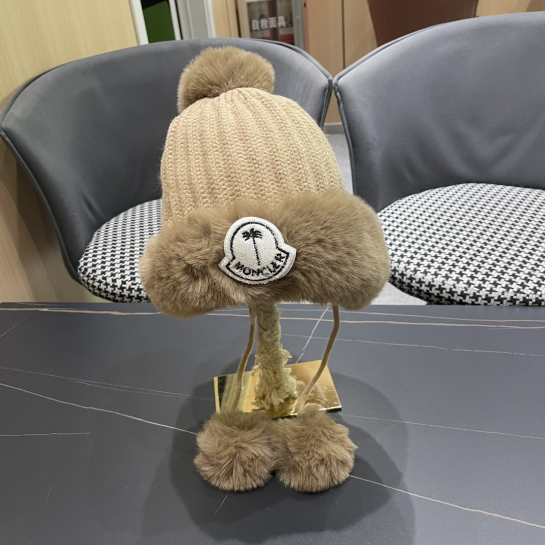 蒙口moncler2024秋冬款毛球耳朵毛绒帽女户外加绒保暖套头帽针织护耳东北雷锋帽