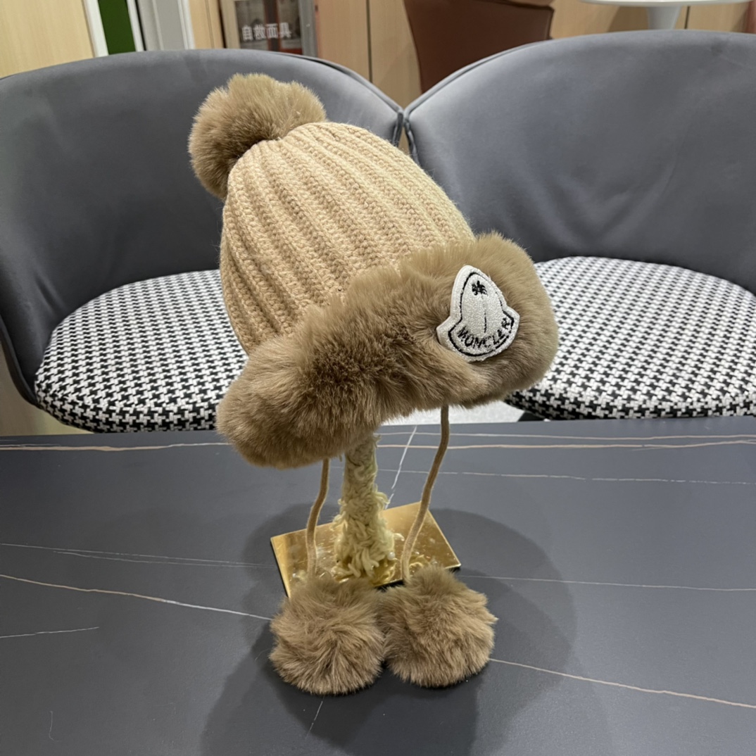 蒙口moncler2024秋冬款毛球耳朵毛绒帽女户外加绒保暖套头帽针织护耳东北雷锋帽