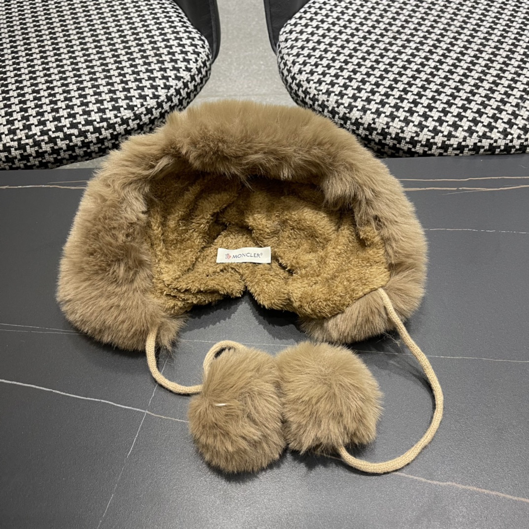 蒙口moncler2024秋冬款毛球耳朵毛绒帽女户外加绒保暖套头帽针织护耳东北雷锋帽