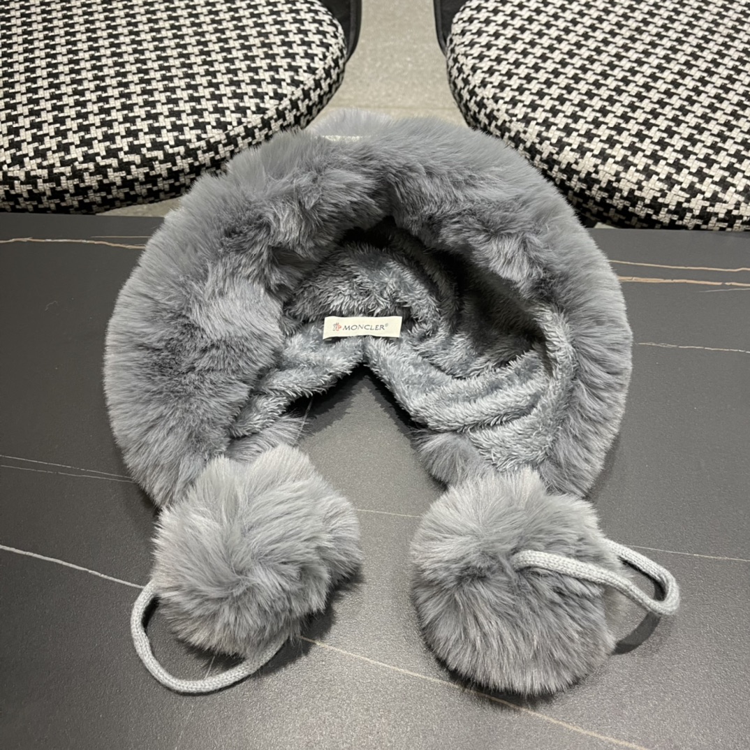 蒙口moncler2024秋冬款毛球耳朵毛绒帽女户外加绒保暖套头帽针织护耳东北雷锋帽
