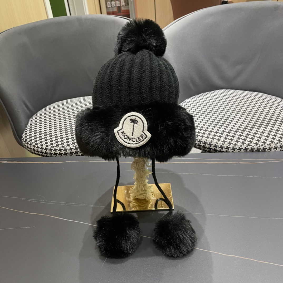 蒙口moncler2024秋冬款毛球耳朵毛绒帽女户外加绒保暖套头帽针织护耳东北雷锋帽