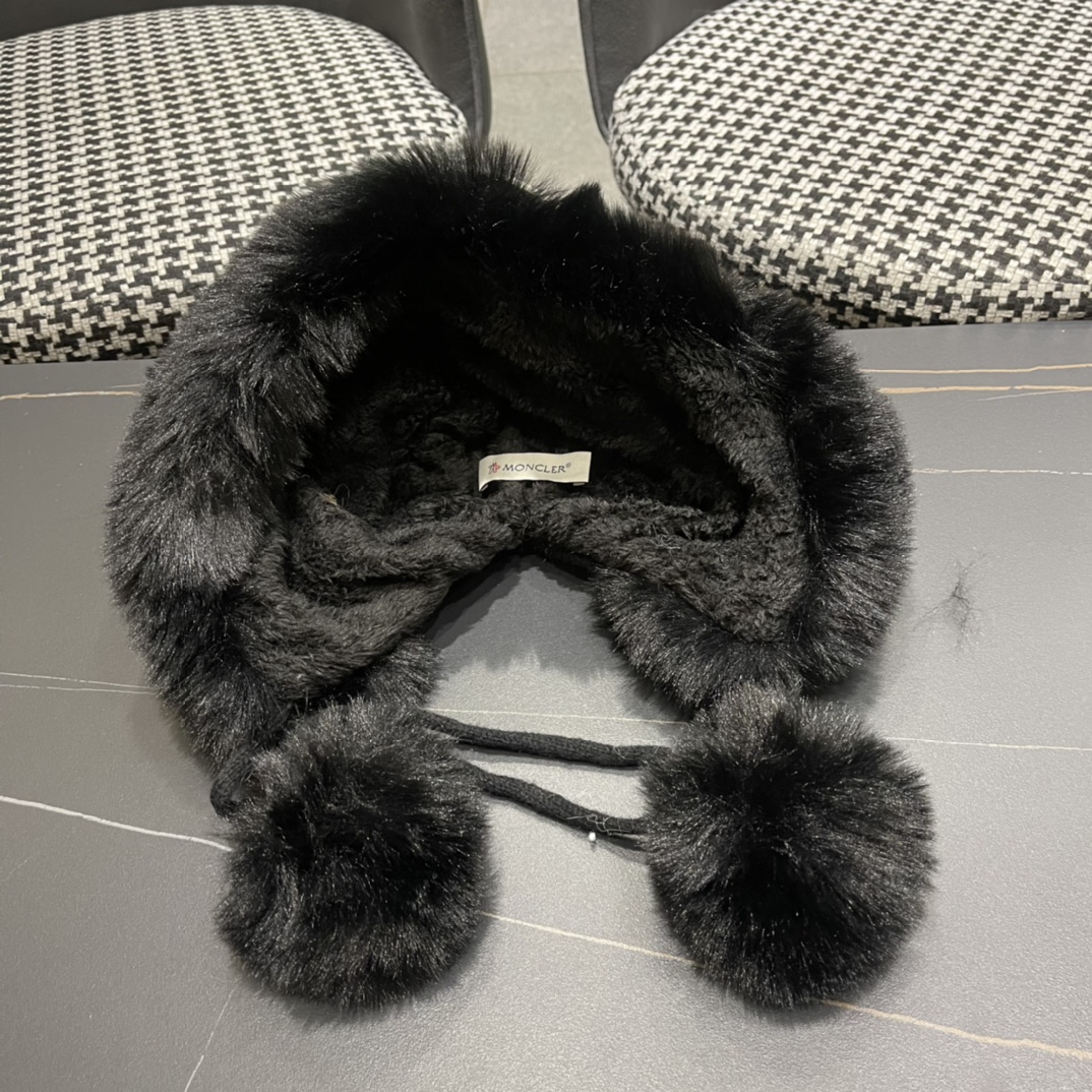 蒙口moncler2024秋冬款毛球耳朵毛绒帽女户外加绒保暖套头帽针织护耳东北雷锋帽