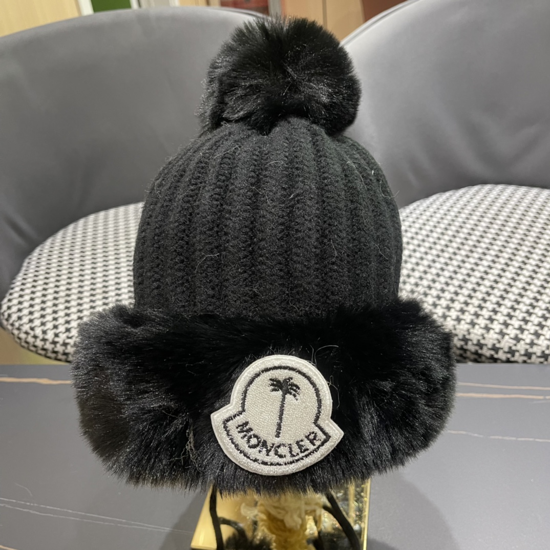 蒙口moncler2024秋冬款毛球耳朵毛绒帽女户外加绒保暖套头帽针织护耳东北雷锋帽