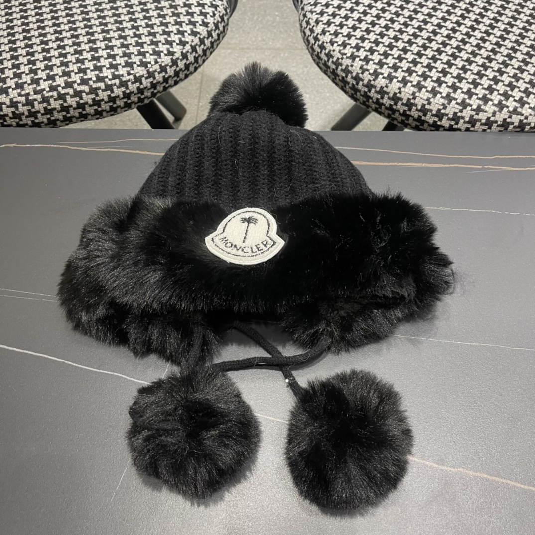蒙口moncler2024秋冬款毛球耳朵毛绒帽女户外加绒保暖套头帽针织护耳东北雷锋帽