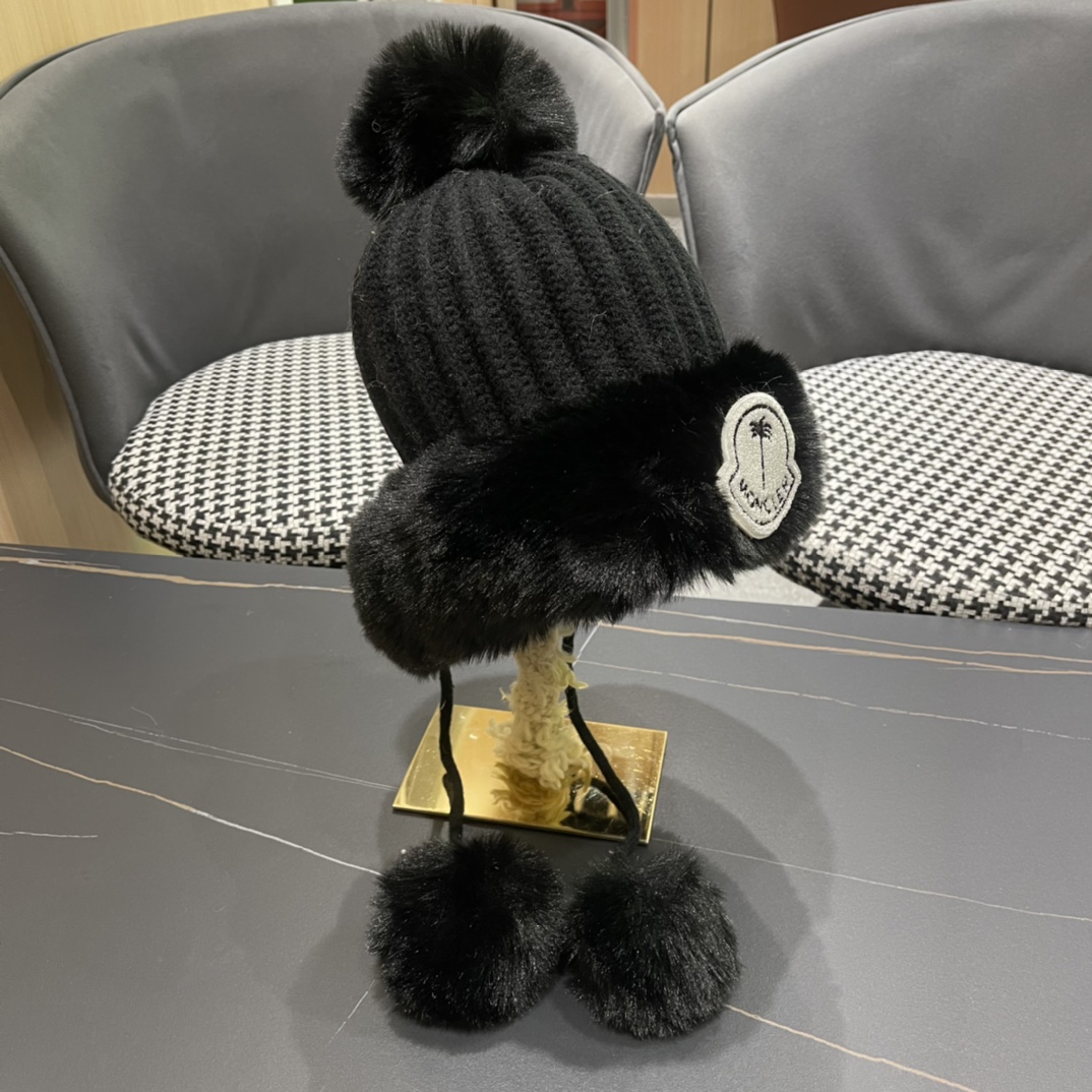 蒙口moncler2024秋冬款毛球耳朵毛绒帽女户外加绒保暖套头帽针织护耳东北雷锋帽