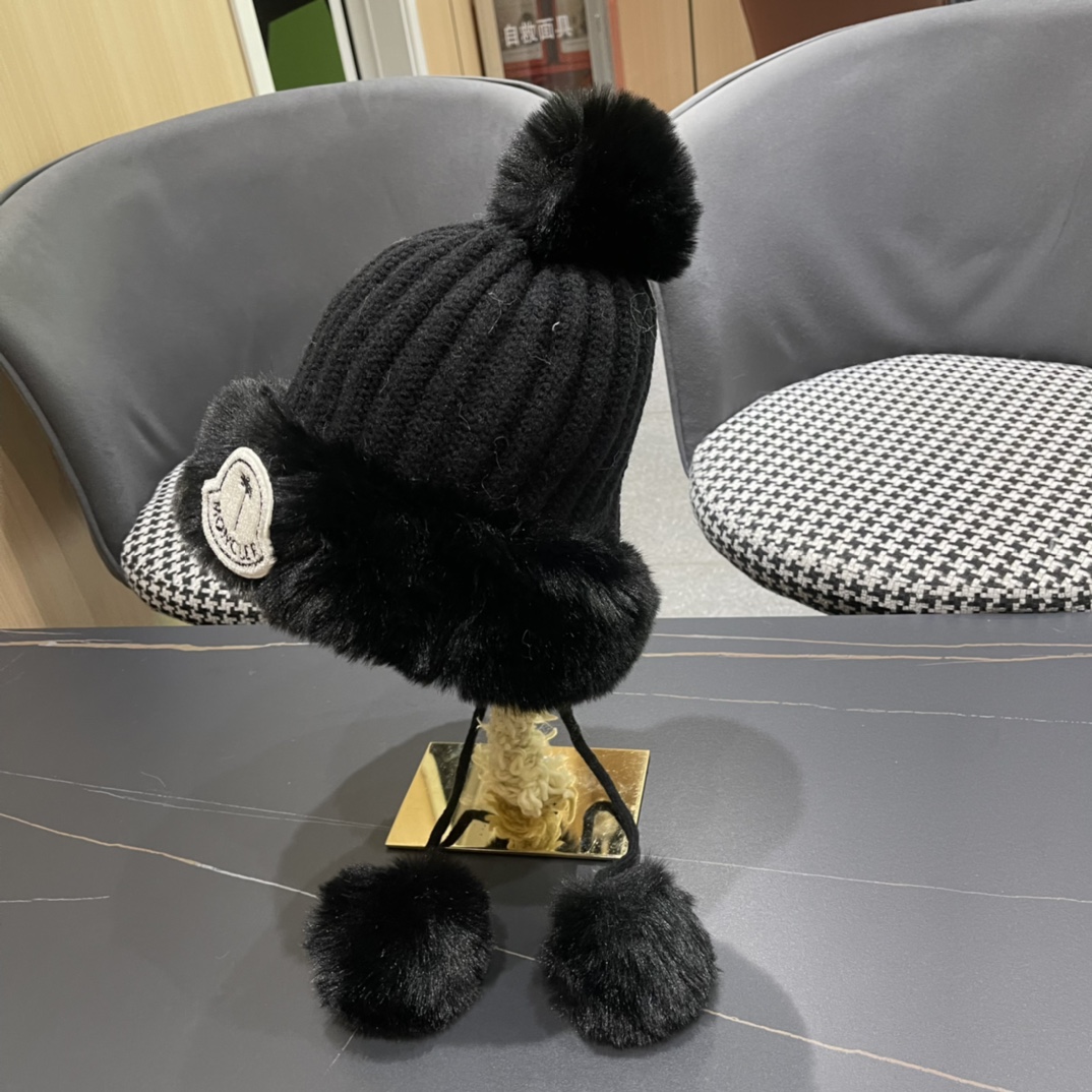 蒙口moncler2024秋冬款毛球耳朵毛绒帽女户外加绒保暖套头帽针织护耳东北雷锋帽