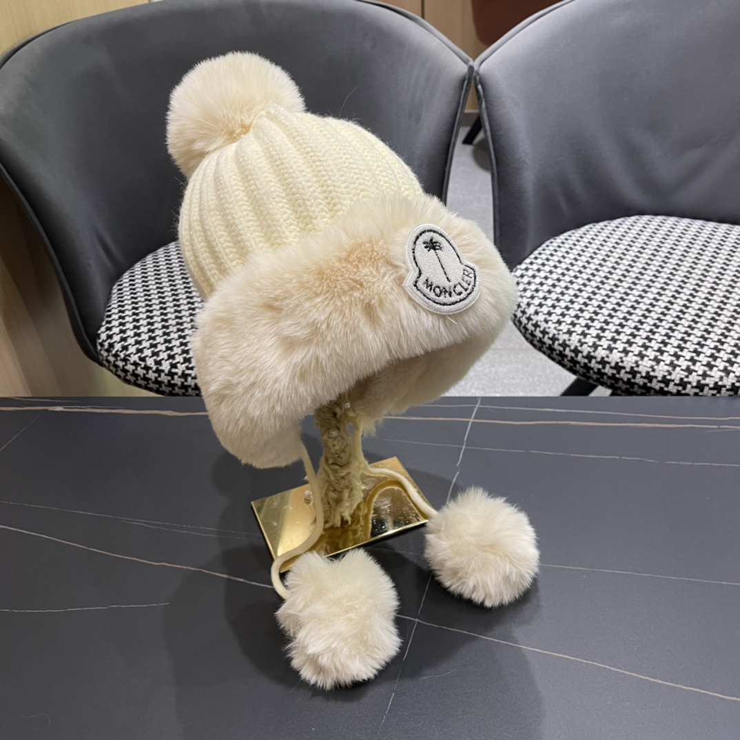 蒙口moncler2024秋冬款毛球耳朵毛绒帽女户外加绒保暖套头帽针织护耳东北雷锋帽