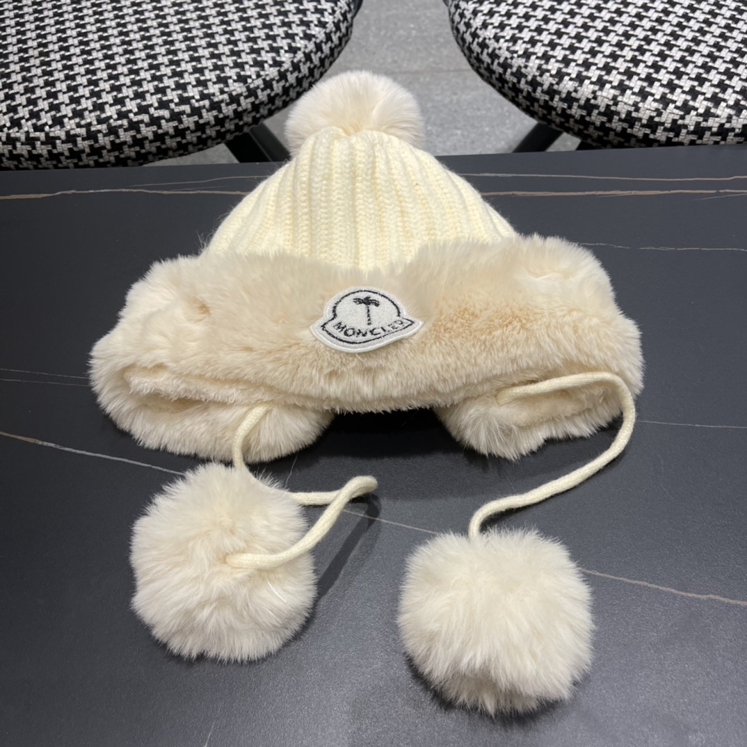 蒙口moncler2024秋冬款毛球耳朵毛绒帽女户外加绒保暖套头帽针织护耳东北雷锋帽