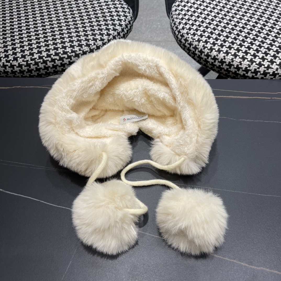 蒙口moncler2024秋冬款毛球耳朵毛绒帽女户外加绒保暖套头帽针织护耳东北雷锋帽