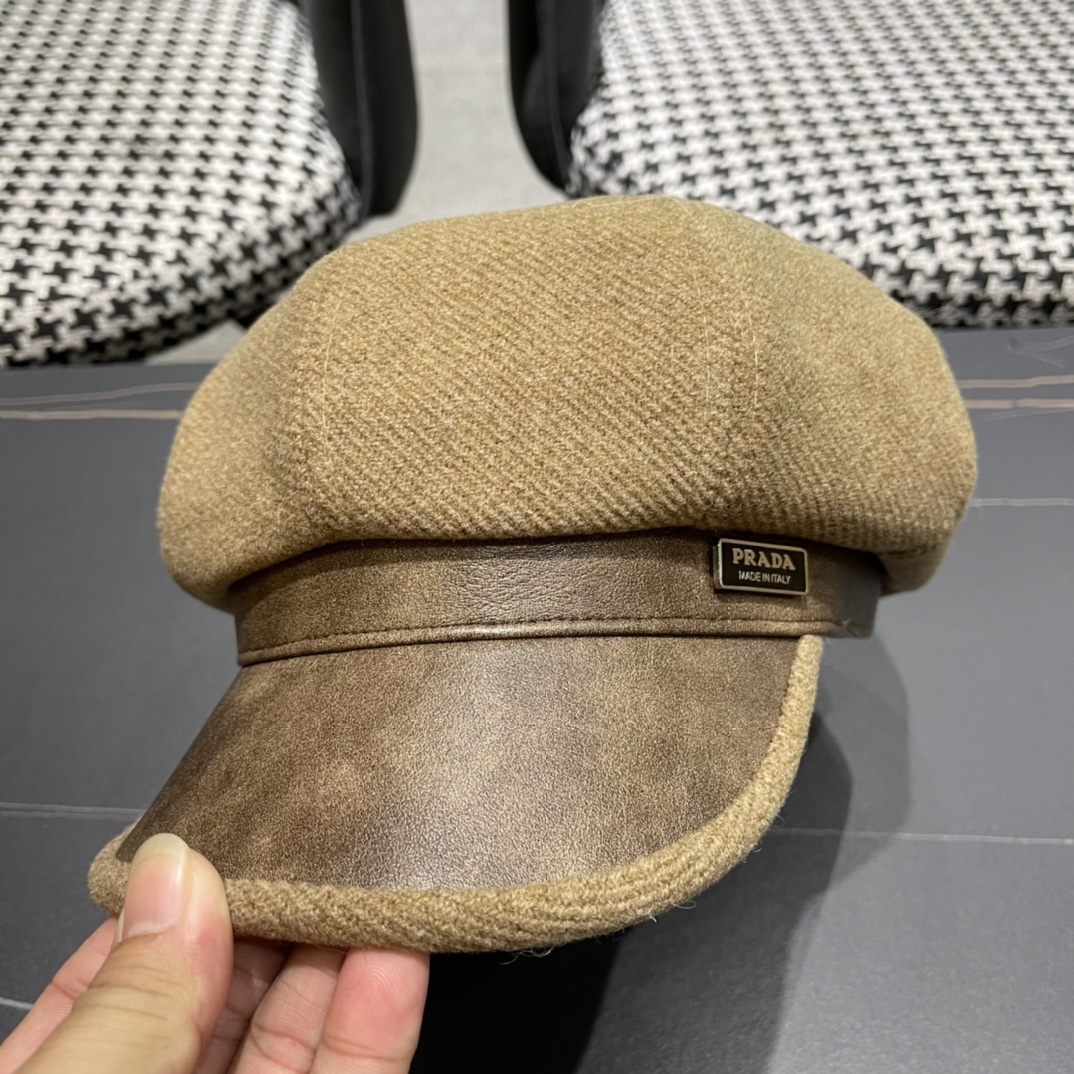 普拉达Prada女秋冬季英伦复古贝雷帽时尚简约纯色鸭舌帽