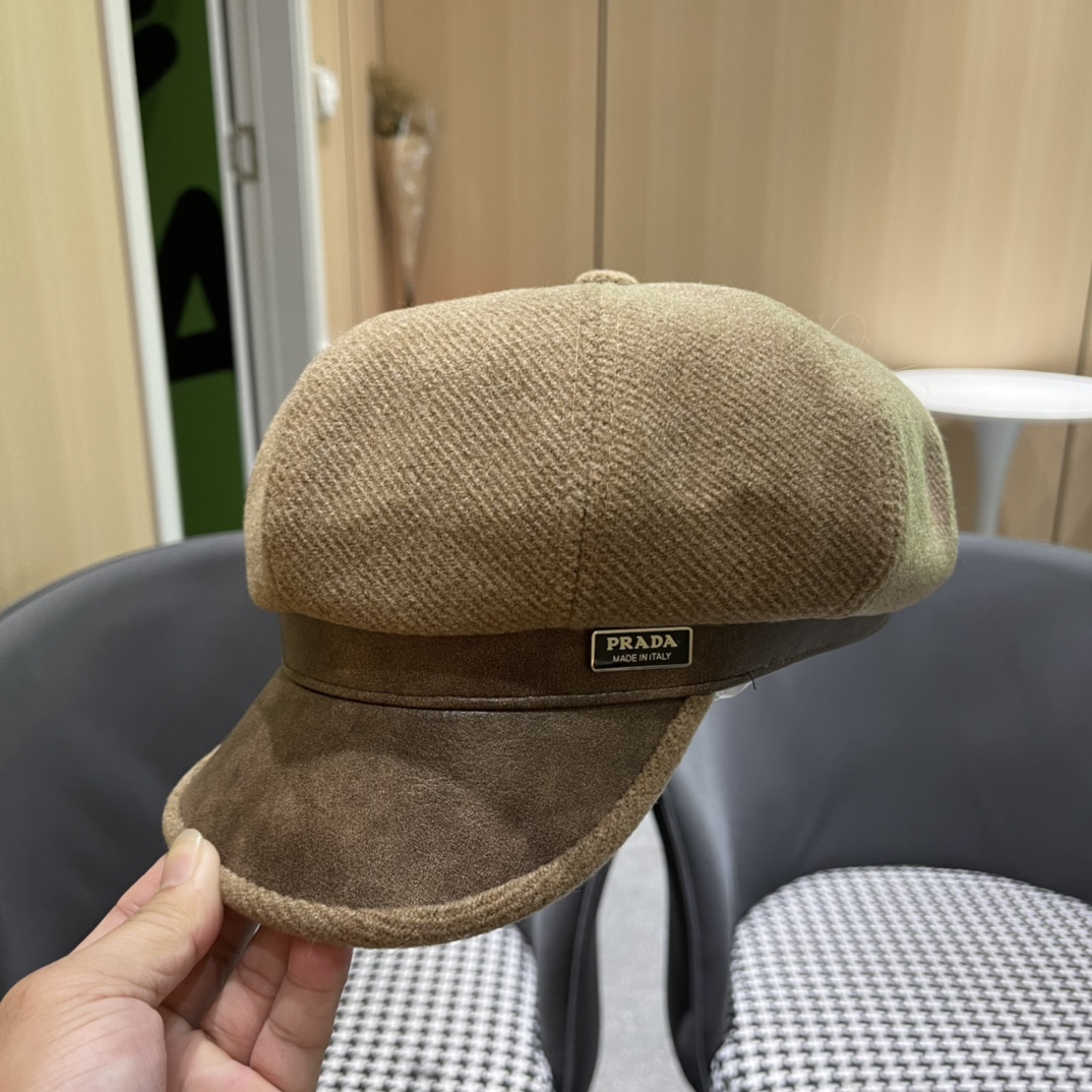 普拉达Prada女秋冬季英伦复古贝雷帽时尚简约纯色鸭舌帽