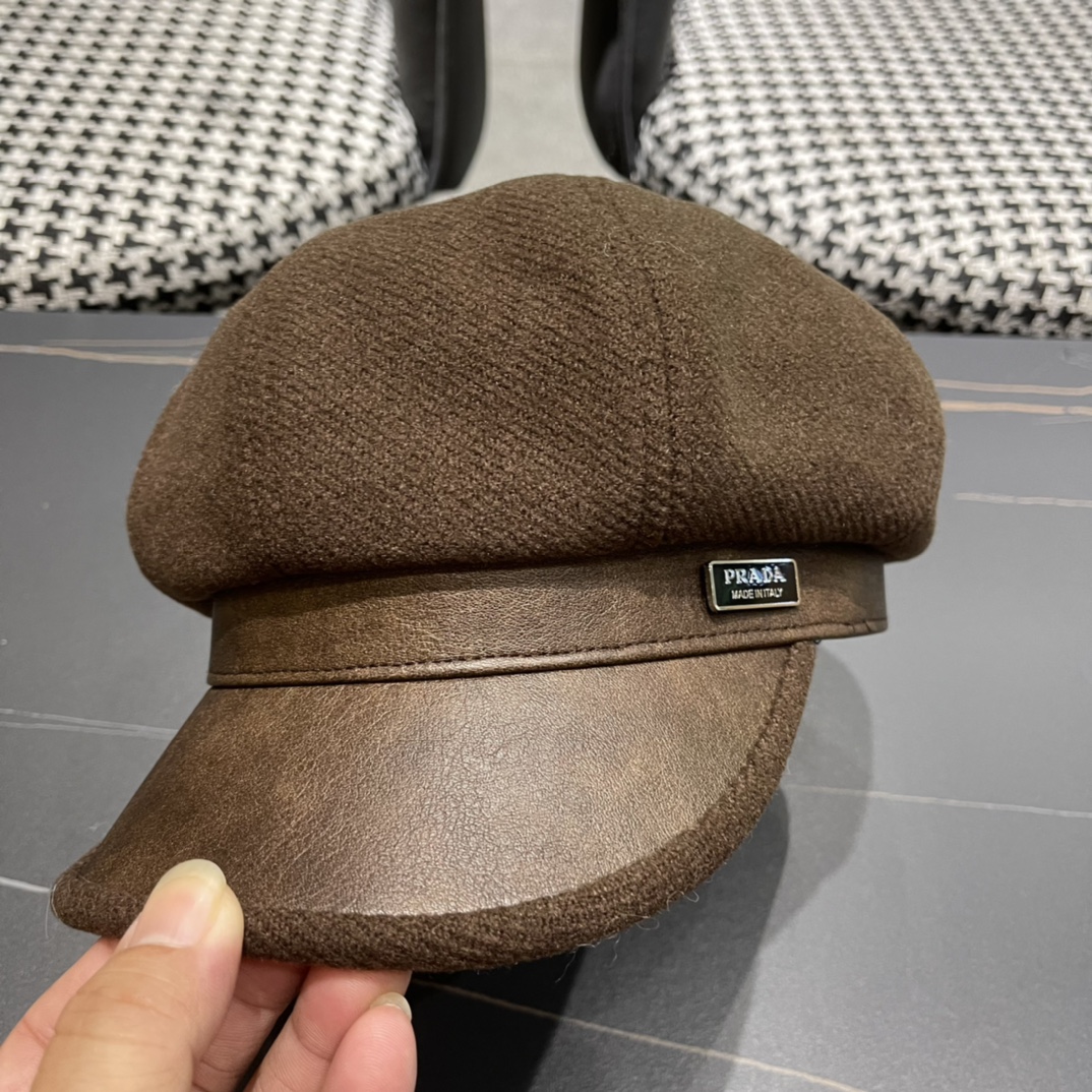 普拉达Prada女秋冬季英伦复古贝雷帽时尚简约纯色鸭舌帽