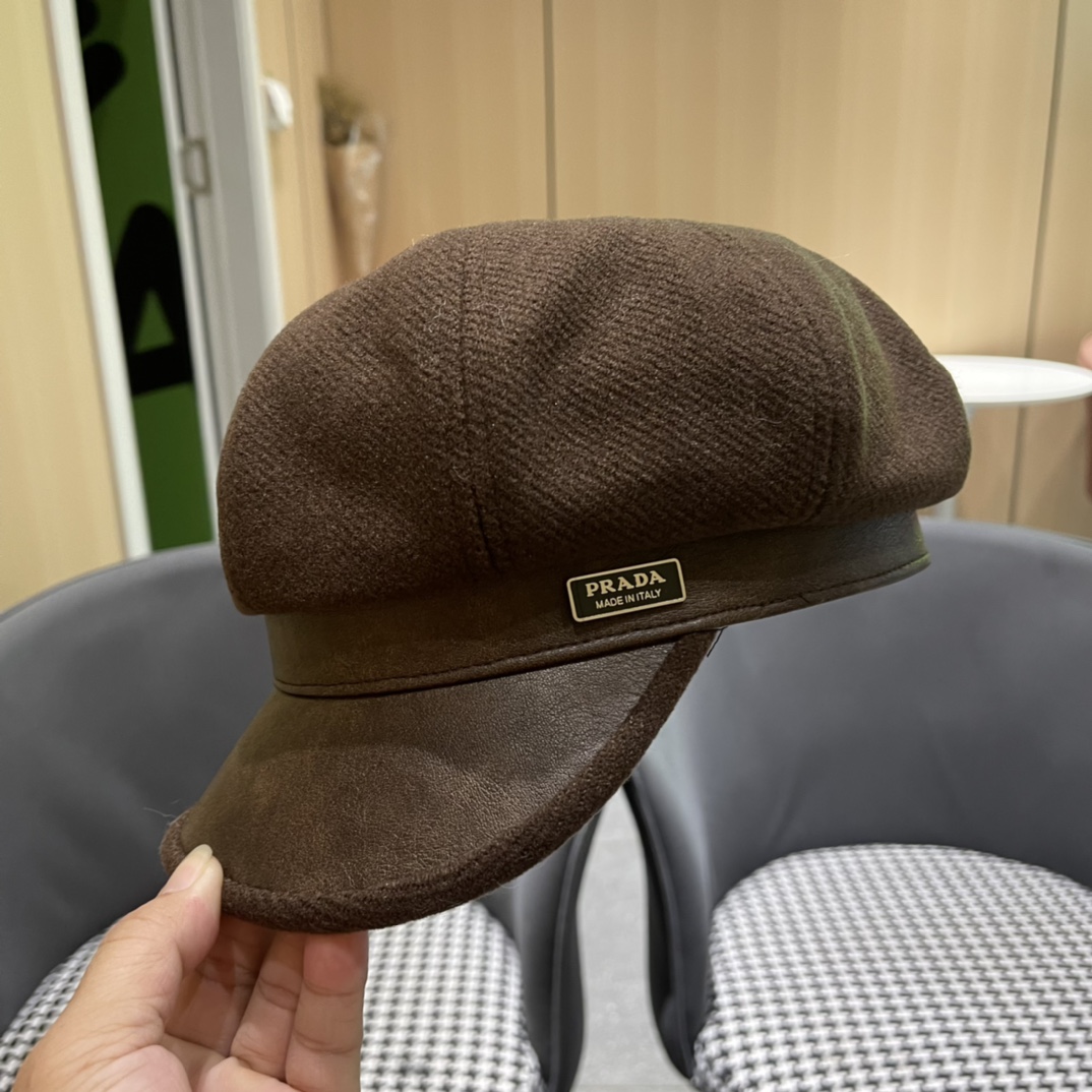 普拉达Prada女秋冬季英伦复古贝雷帽时尚简约纯色鸭舌帽