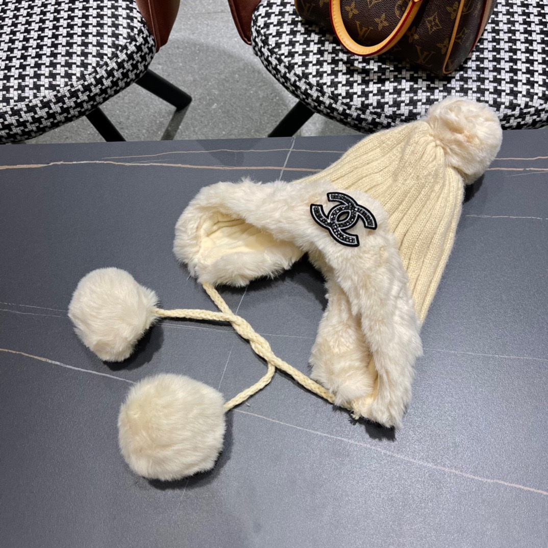 2023女冬季加厚保暖冷帽毛绒护耳加厚大檐防寒可爱毛球毛线帽棉帽