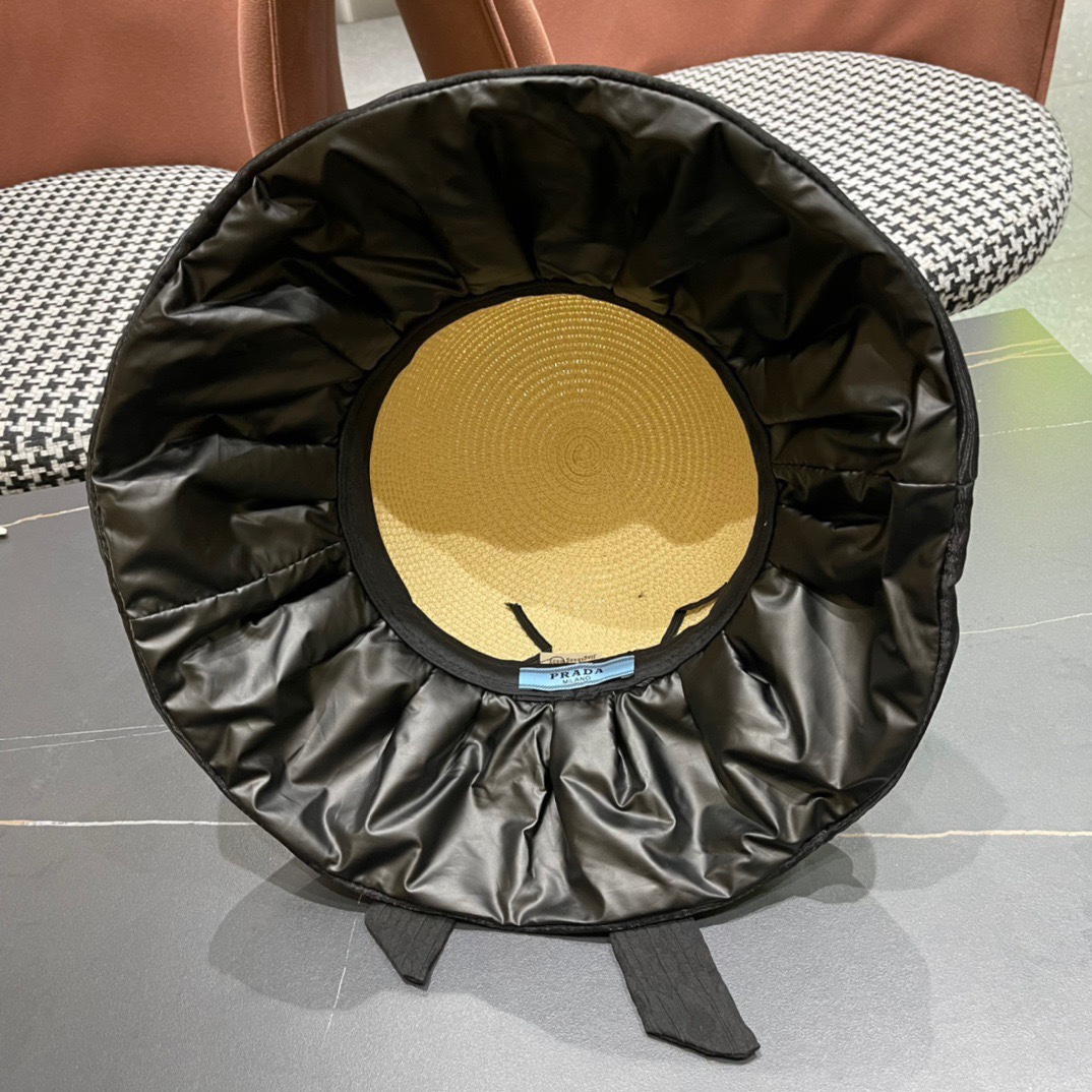 PRADA普拉达春夏 新款显渔夫帽子女素颜遮脸薄款透气太阳帽夏天遮阳防晒盆帽