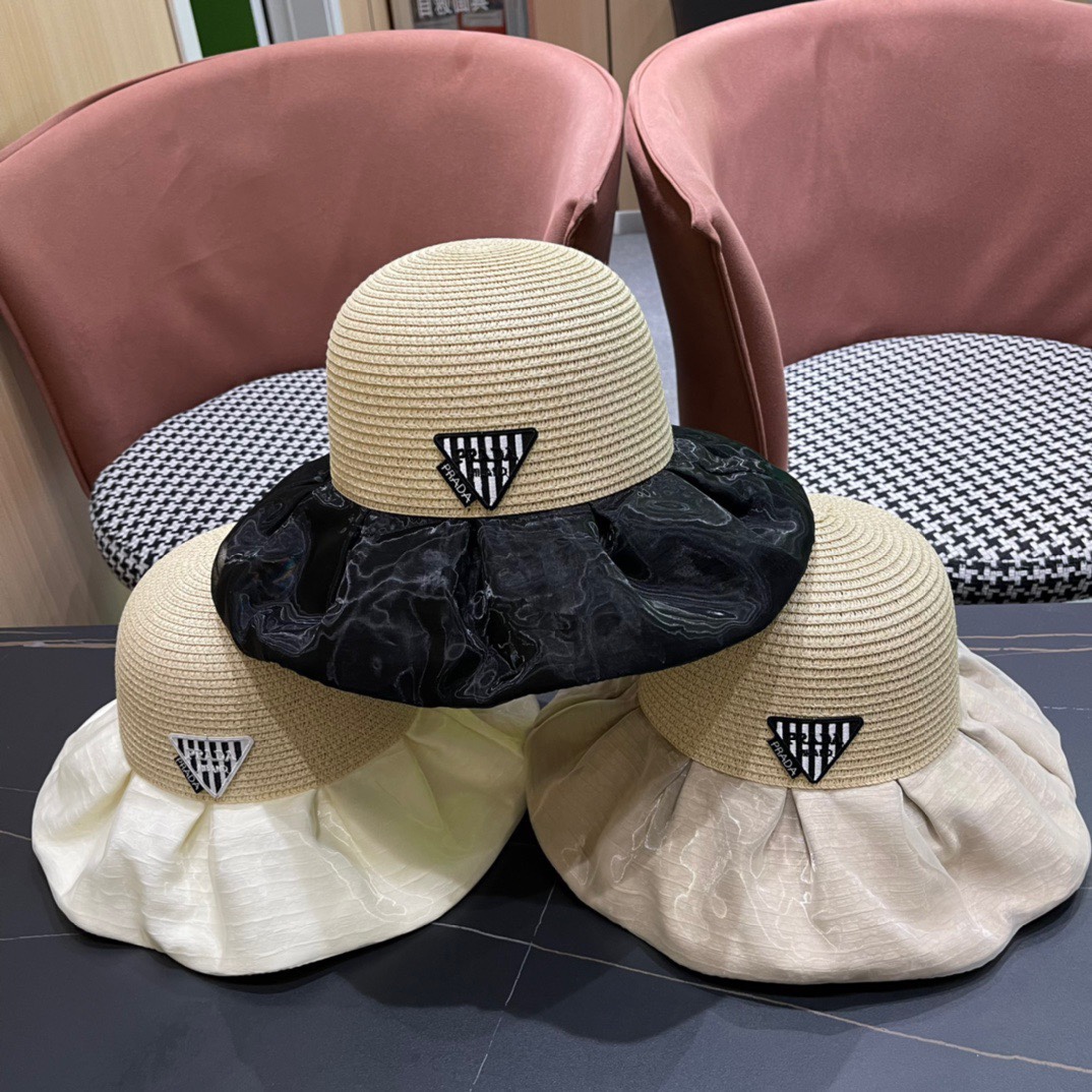 PRADA普拉达春夏 新款显渔夫帽子女素颜遮脸薄款透气太阳帽夏天遮阳防晒盆帽
