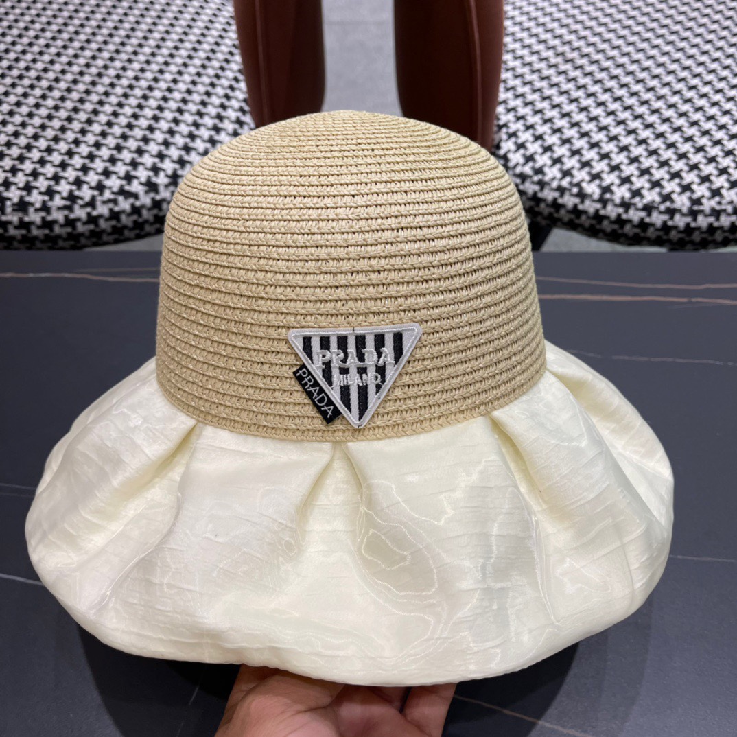 PRADA普拉达春夏 新款显渔夫帽子女素颜遮脸薄款透气太阳帽夏天遮阳防晒盆帽