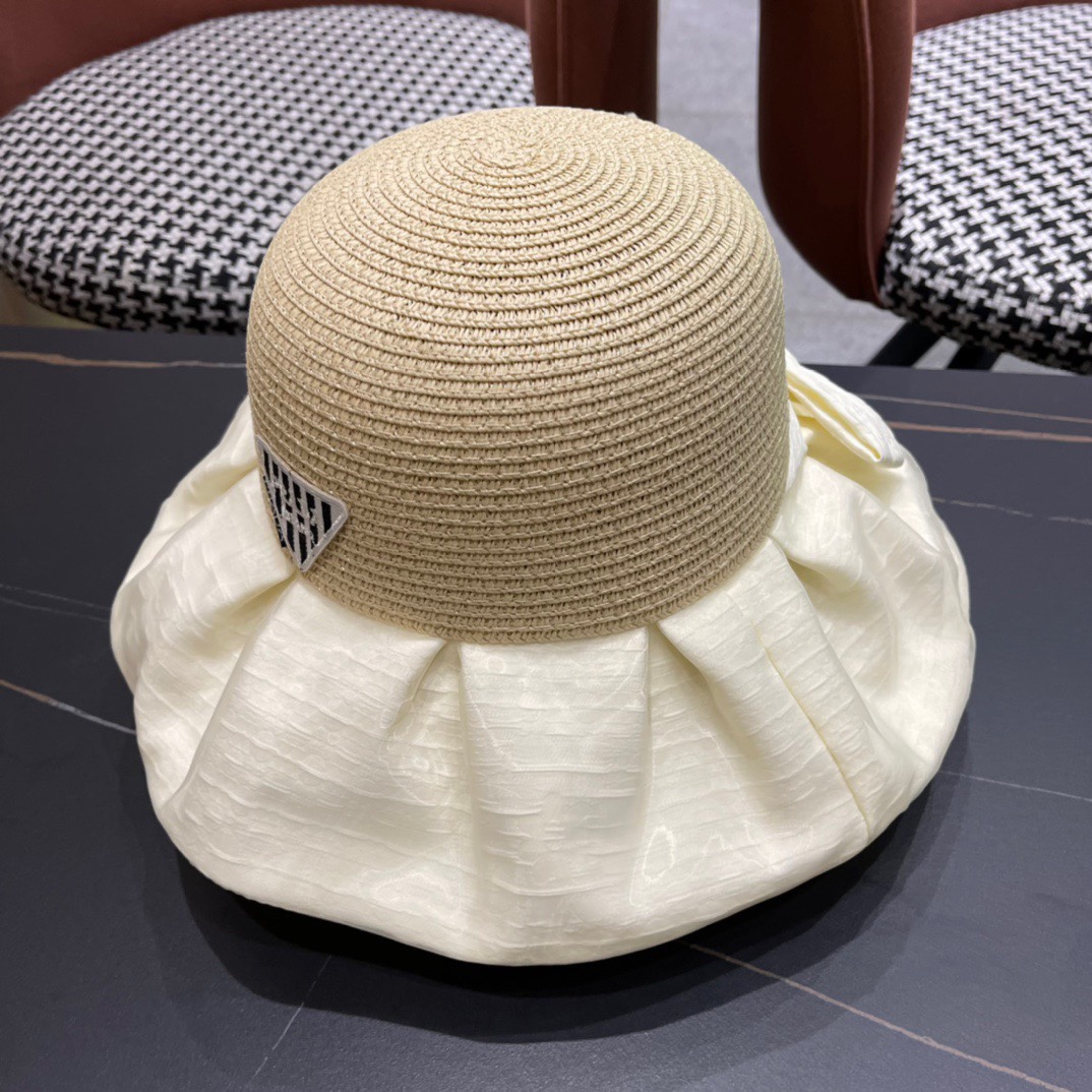 PRADA普拉达春夏 新款显渔夫帽子女素颜遮脸薄款透气太阳帽夏天遮阳防晒盆帽