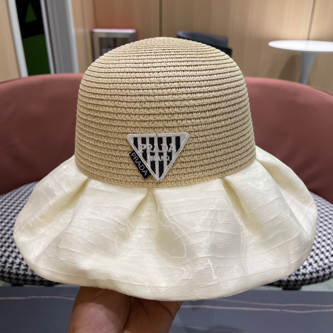 PRADA普拉达春夏 新款显渔夫帽子女素颜遮脸薄款透气太阳帽夏天遮阳防晒盆帽
