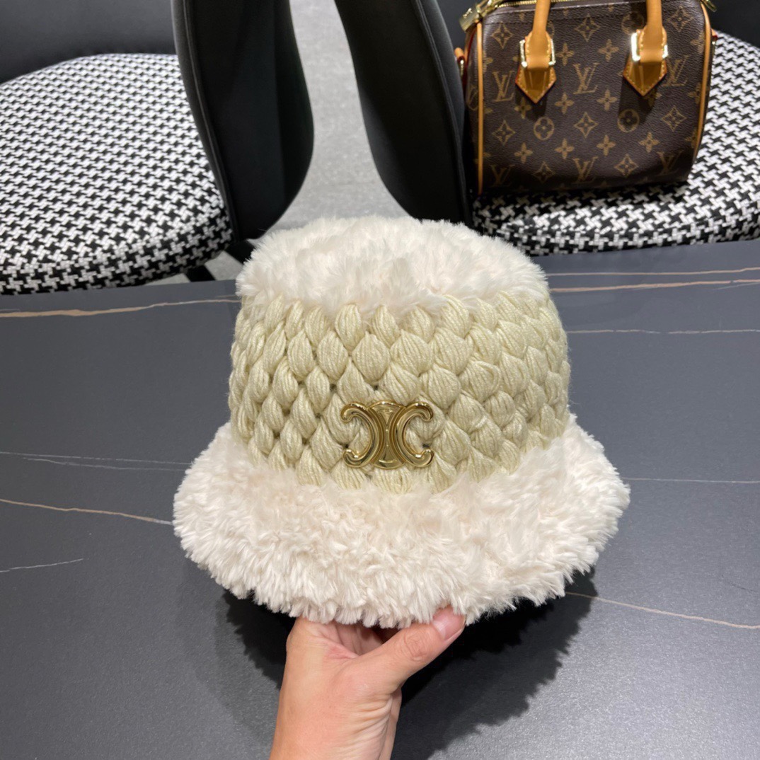 赛琳cellne加绒拼接盆帽手工钩针粗线女博主款保暖渔夫帽韩版冬款毛绒针织