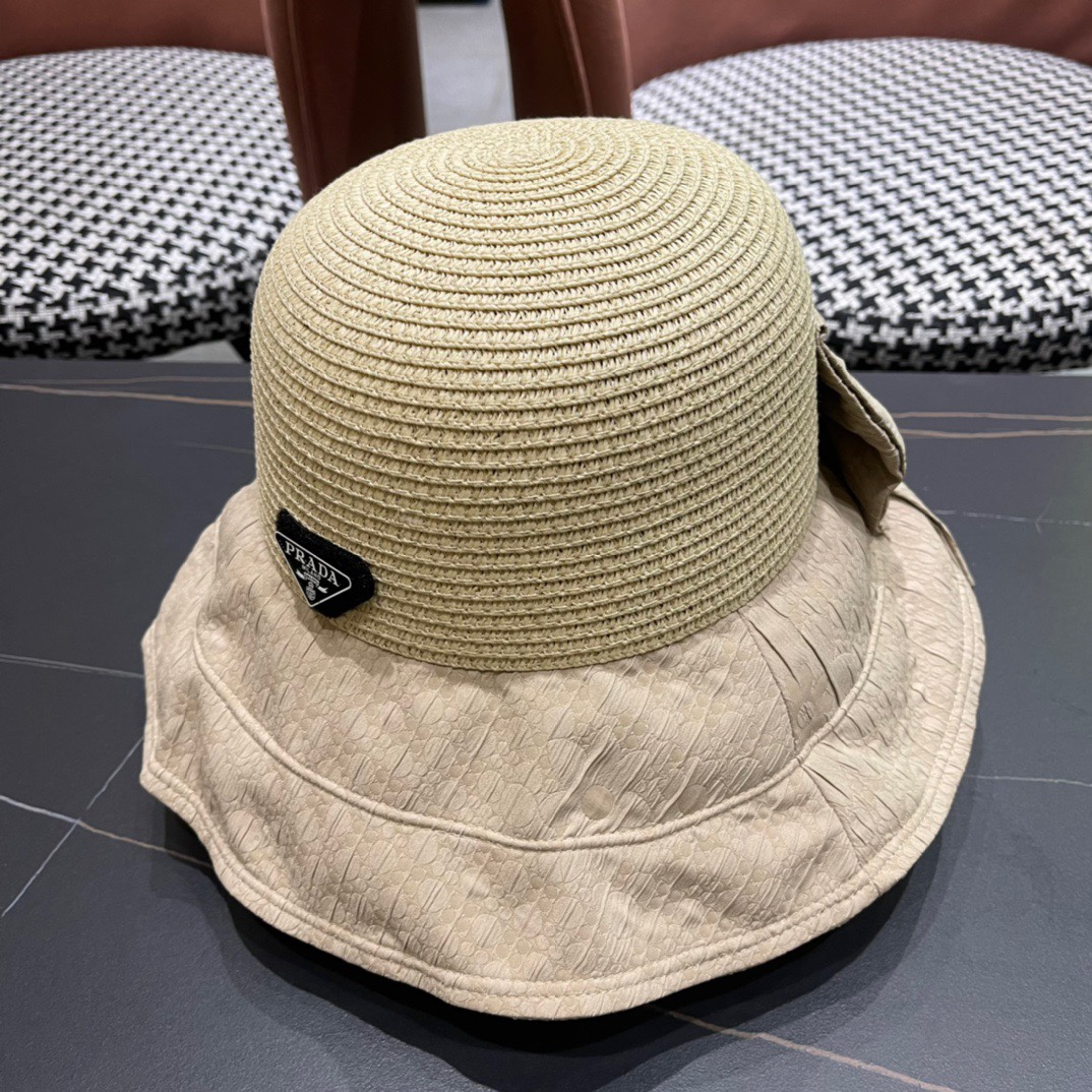  PRADA普拉达春夏2024新款显渔夫帽夏天遮阳防晒盆帽