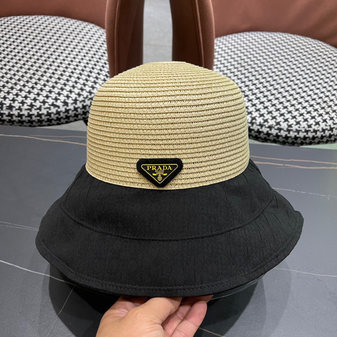  PRADA普拉达春夏2024新款显渔夫帽夏天遮阳防晒盆帽