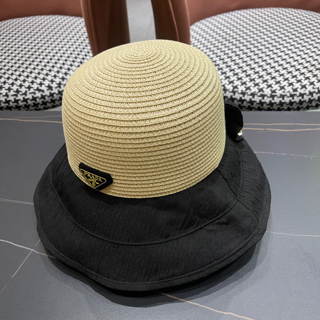  PRADA普拉达春夏2024新款显渔夫帽夏天遮阳防晒盆帽