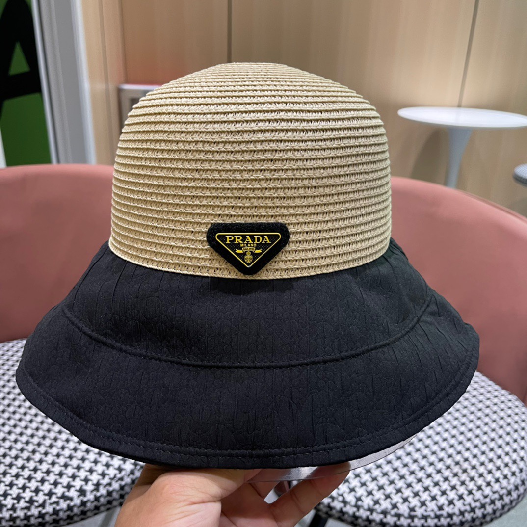  PRADA普拉达春夏2024新款显渔夫帽夏天遮阳防晒盆帽
