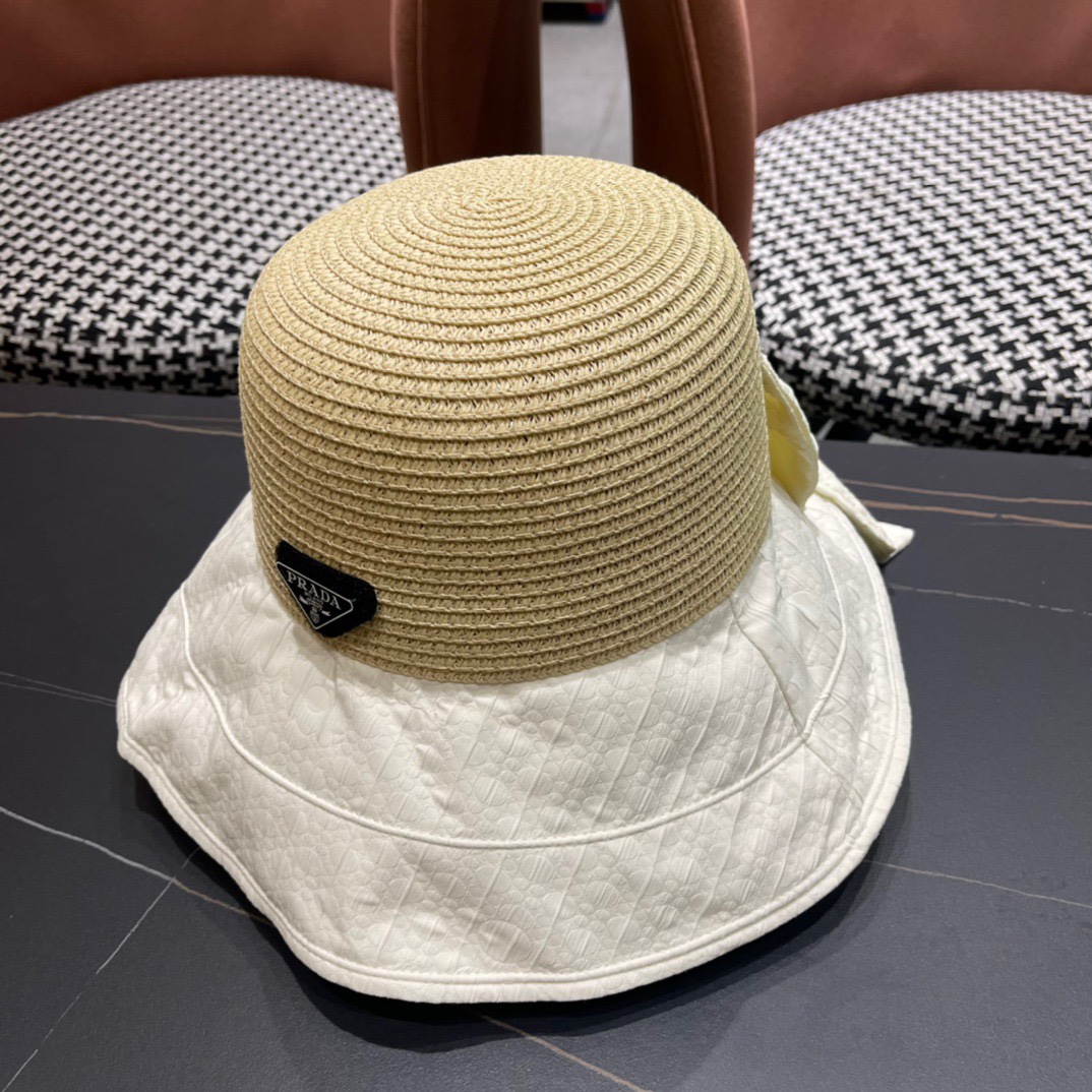 PRADA普拉达春夏2024新款显渔夫帽夏天遮阳防晒盆帽