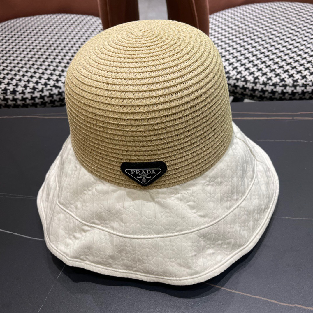  PRADA普拉达春夏2024新款显渔夫帽夏天遮阳防晒盆帽
