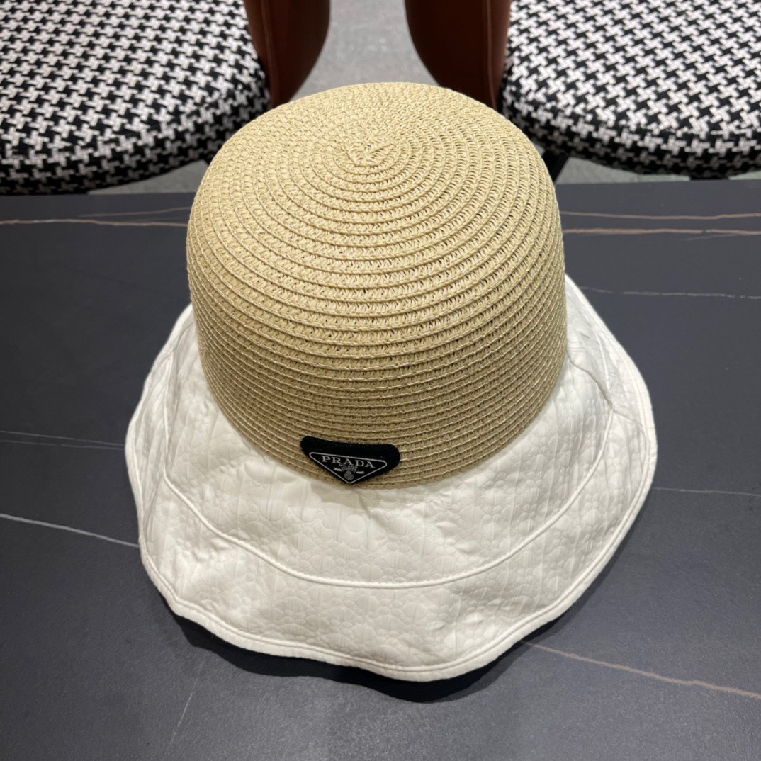  PRADA普拉达春夏2024新款显渔夫帽夏天遮阳防晒盆帽