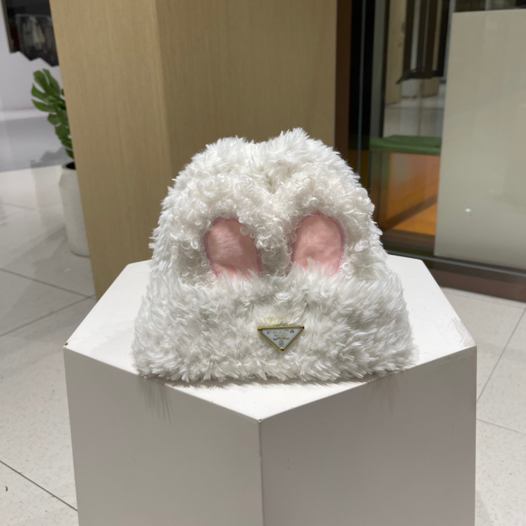 PRADA普拉达 兔子耳朵毛线帽子女秋冬季新款加厚保暖显脸小甜美可爱针织帽