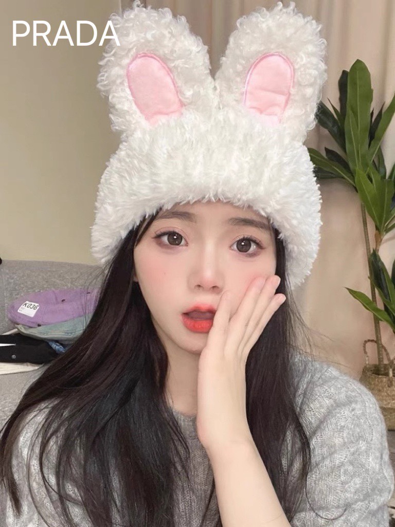  PRADA普拉达 兔子耳朵毛线帽子女秋冬季新款加厚保暖显脸小甜美可爱针织帽