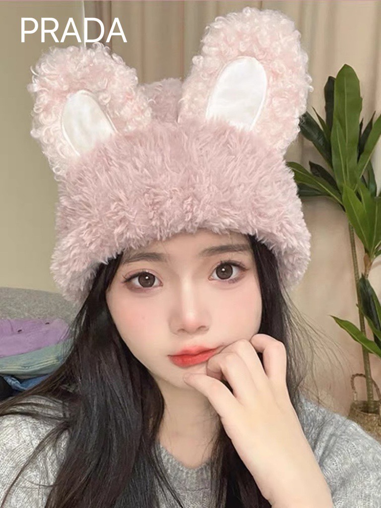  PRADA普拉达 兔子耳朵毛线帽子女秋冬季新款加厚保暖显脸小甜美可爱针织帽